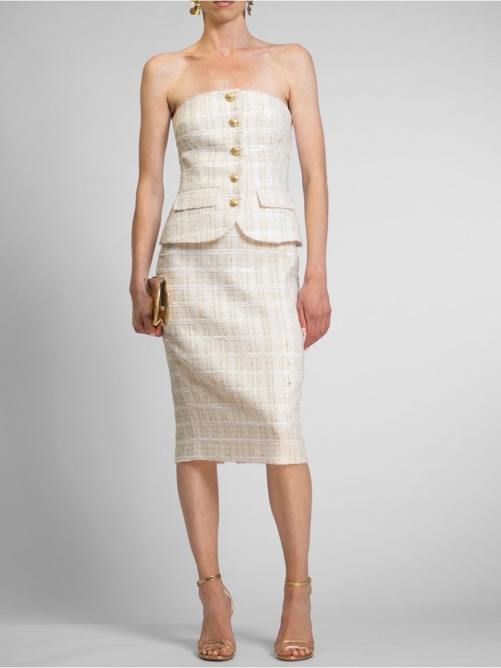 RACHEL Rachel Roy Cream Tweed Strapless Pencil Dress with Gold Buttons